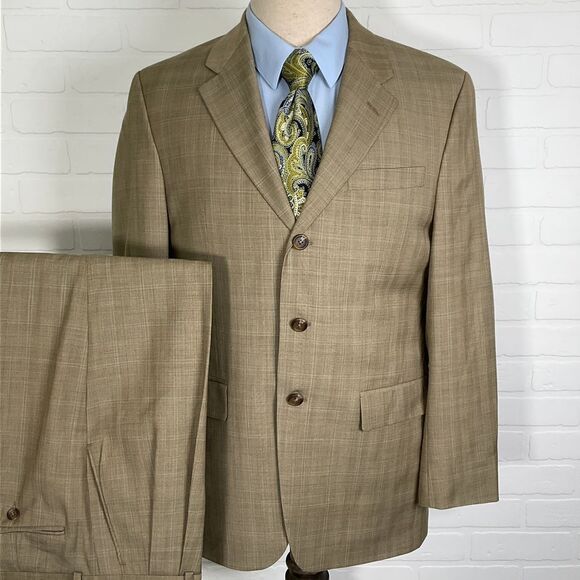 CHAPS Suit‎ Men 41 32W 29.5L Tan Wool Glen Plaid 3 Button Classic Career Canada